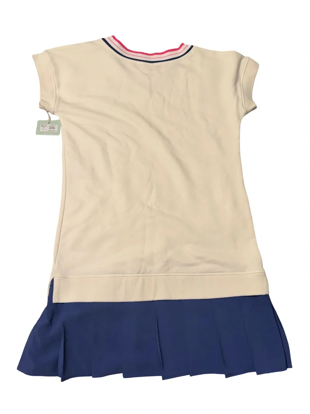 Girls' White V-Neck Casual Dress with Navy Skirt and Pink Trim
